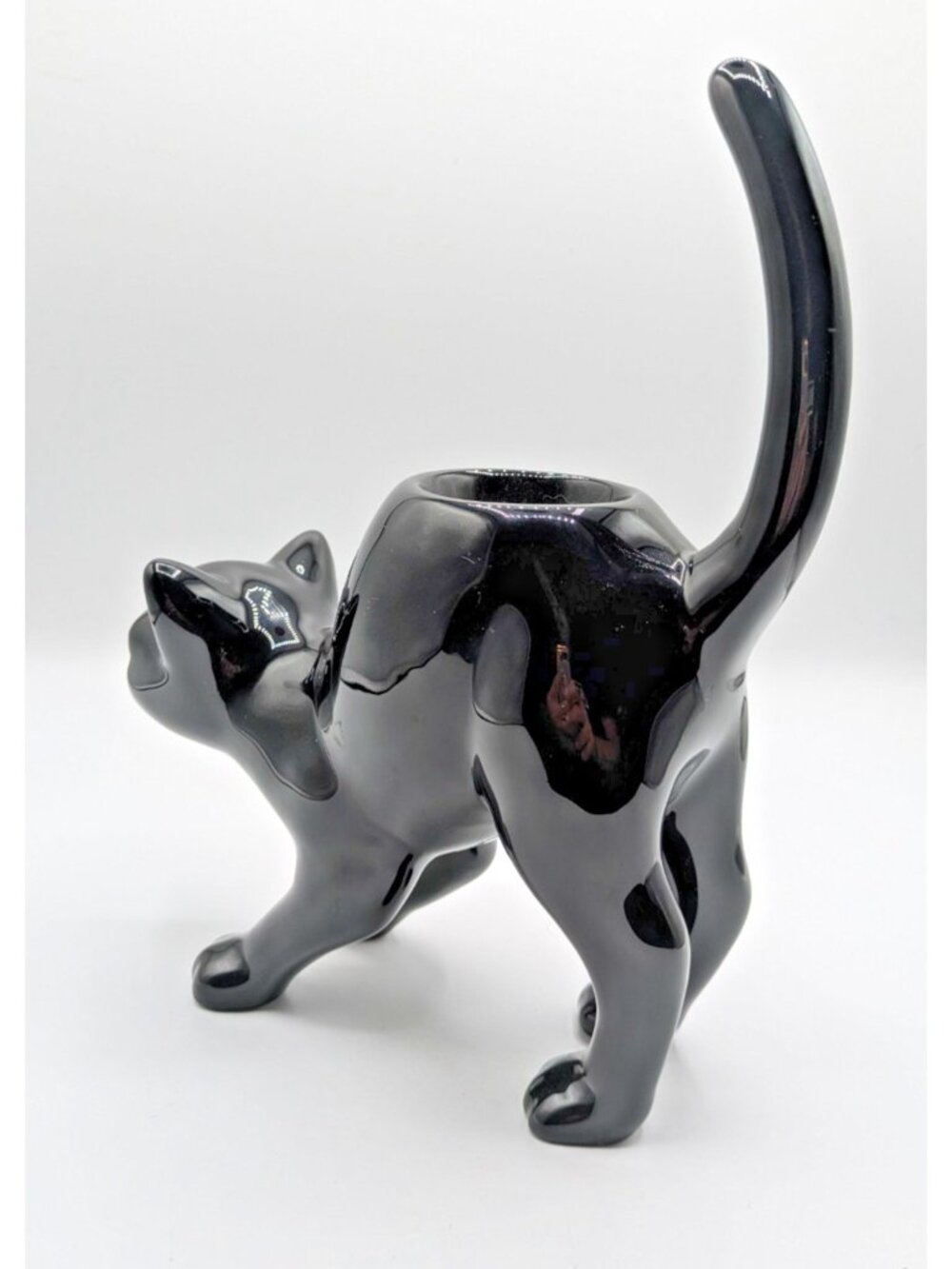 PartyLite Black Cat Halloween Tea Light Candle Holder Yellow Eyes Ceramic 8" - Picture 6 of 10